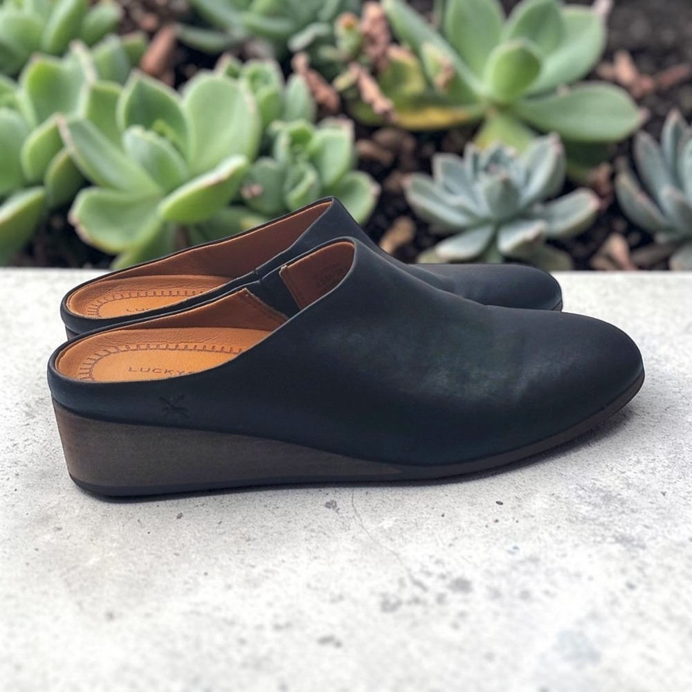 Lucky Brand Polona Black Leather Wedge Mules Slides Shoes Womens 8.5 M
